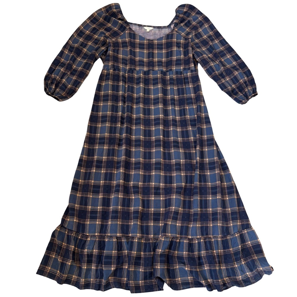 Terra &‎ Sky Plaid Dress Womens 3X Blue Smocked Bodice Cottagecore Peasant